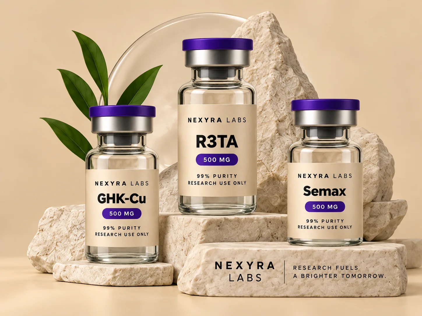 Nexyra Labs research vials arranged on stone with botanical accents