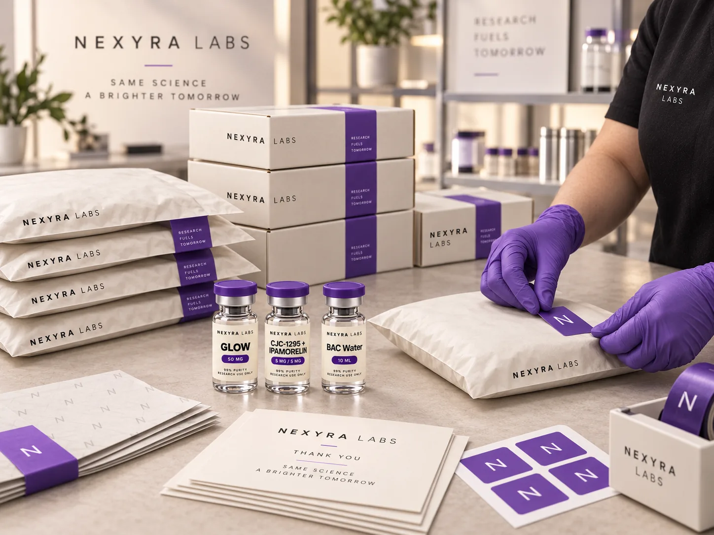 Nexyra Labs order being packed with branded mailers and research vials