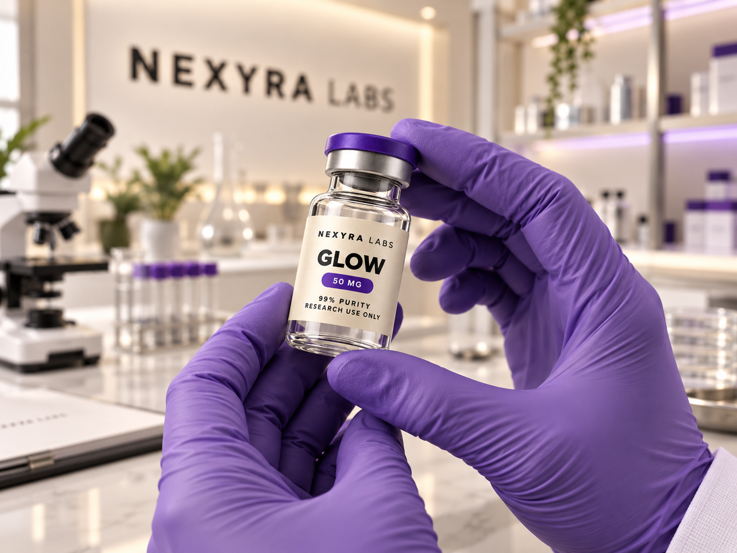 Gloved researcher holding a Nexyra Labs GLOW vial in the laboratory