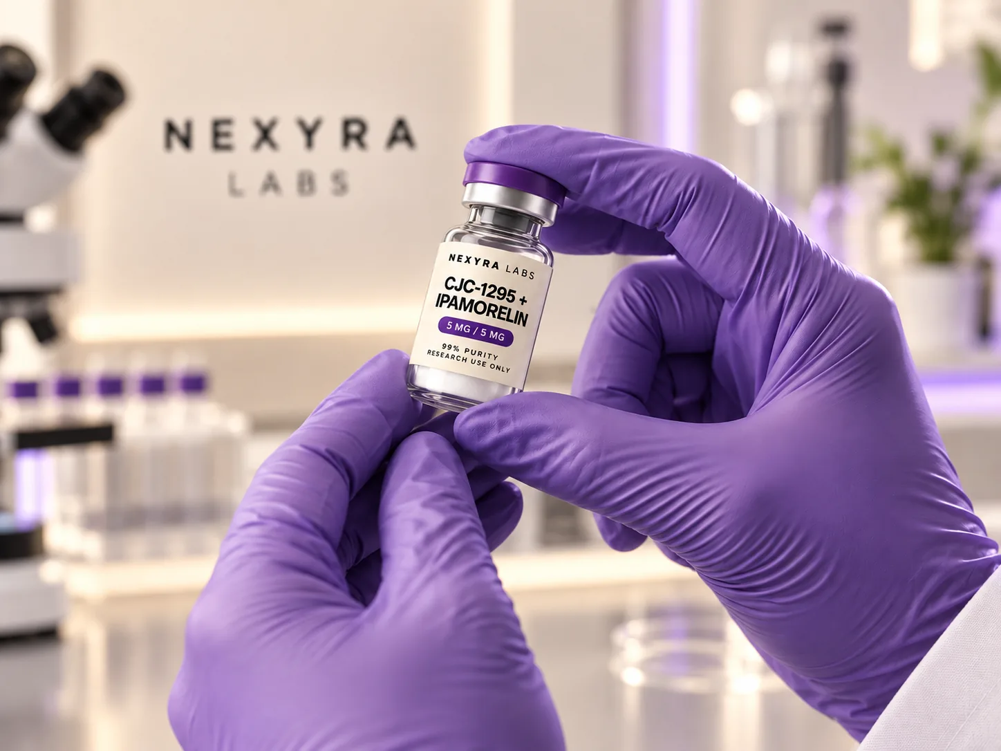 Gloved researcher inspecting a Nexyra Labs CJC-1295 + Ipamorelin vial in the lab