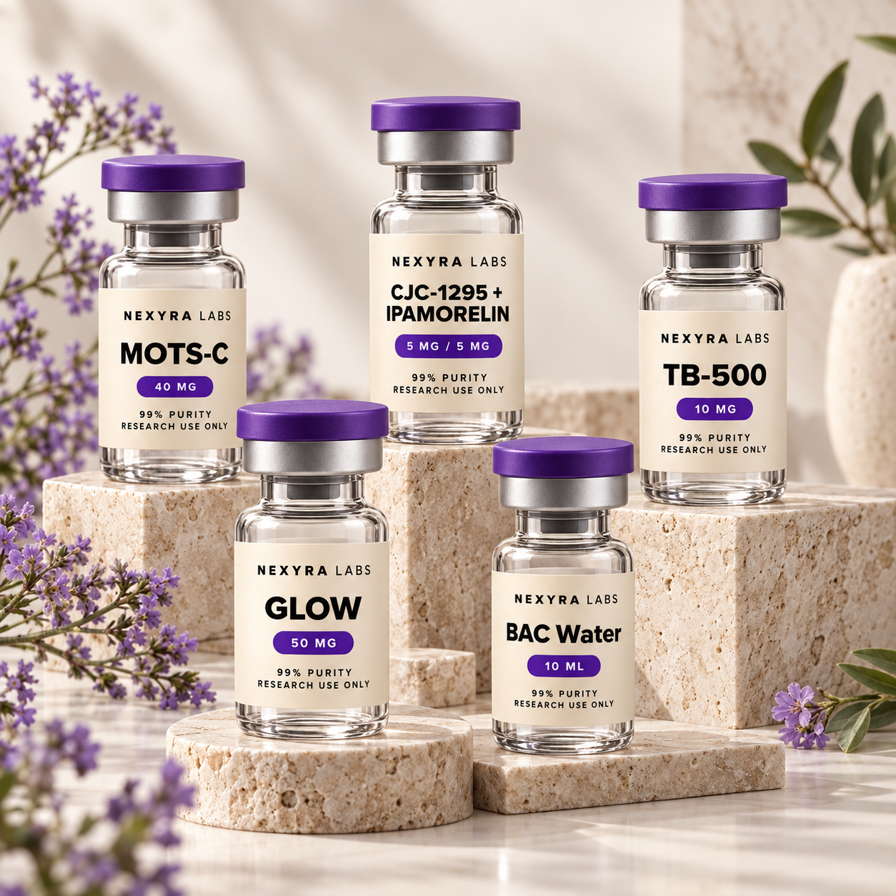 Collection of Nexyra Labs research vials on stone display pedestals